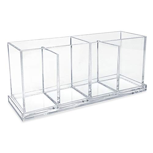Isaac Jacobs 2-Pack 4-Compartment Clear Acrylic Organizers with Lid (9¡± L x 3¡± W x 4¡± H), Makeup Brush Holder, Sectional Tray, Storage Solution for Makeup, Crafts, Office Supplies & More (2, Clear)