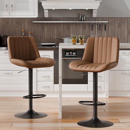 Coffee Set of 2 Adjustable Faux Leather Swivel Bar Stools with Back & Footrest