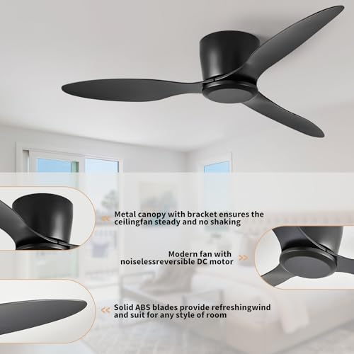 42-Inch Black Ceiling Fan No Light with Remote Control - Quiet, Moisture-Proof, 6-Speed