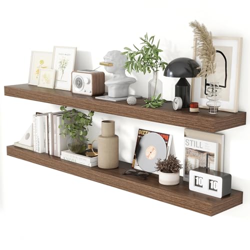 Heimlove 55 Inch Walnut Floating Shelves Set of 2 Wall Mounted Rustic Wood Storage