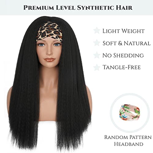24 Inch Natural Black Kinky Straight Headband Wig - Glueless, Synthetic, for Black Women
