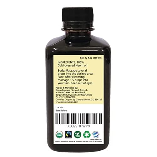 DAANA Neem Oil for Skin and Hair: Certified USDA Organic, Extra Virgin, Cold Pressed (12 Fl Oz)