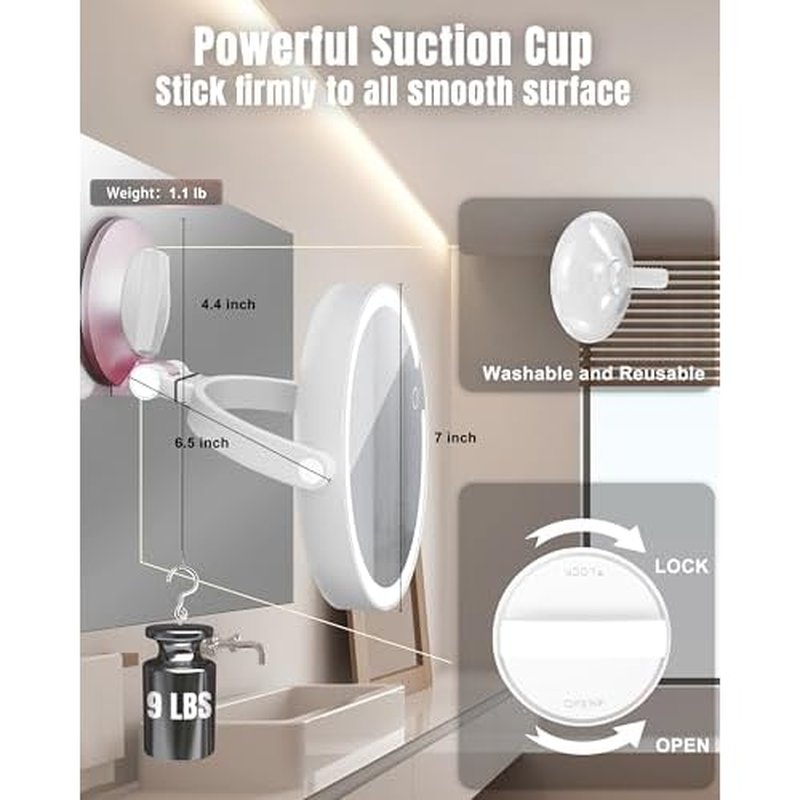 15X/1X Wall Mounted Magnifying Makeup Mirror with Power Suction Cup, Rechargeable Double Sided Regular HD/Magnification 3 Color Modes Adjustable Brightness Mirror with Lights for Bathroom, Travel