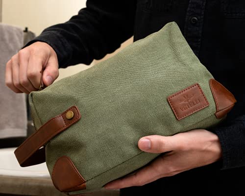 Vetelli Vintage Canvas Toiletry Bag - Green Travel Dopp Kit Waterproof & Durable