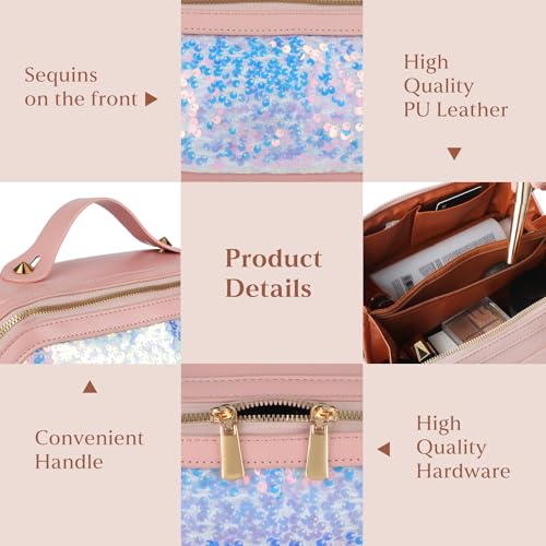 Travel Makeup Bag,Makeup Organizer Bag,Toiletry Bag,Large Capacity with Glitter Sequin Cosmetic Bag,Open Flat Toiletry Bag Make up Organizer with Divider and Handle (Pink)
