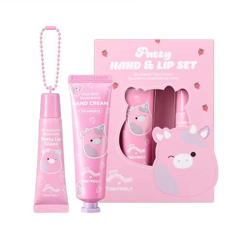 TONYMOLY x Squishmallows Patty the Cow 2-Piece Skincare & Beauty Gift Set ? Strawberry Hand Cream & Strawberry Shortcake Lip Gloss ? Cute Korean Skincare Gift