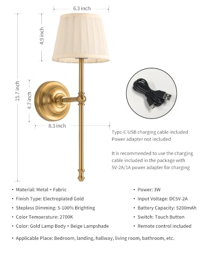 Gold Cordless Wall Sconce Set of 2 with Beige Fabric Shades - Dimmable LED Wall Lamps with Remote Control