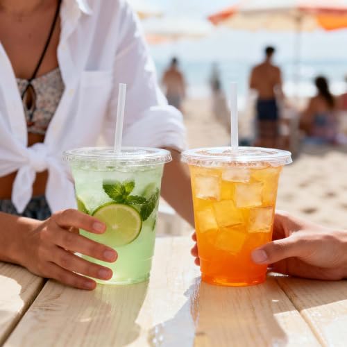 Clawsoff 16oz Disposable Plastic Cups Pack with Lids & Straws - 500 Count