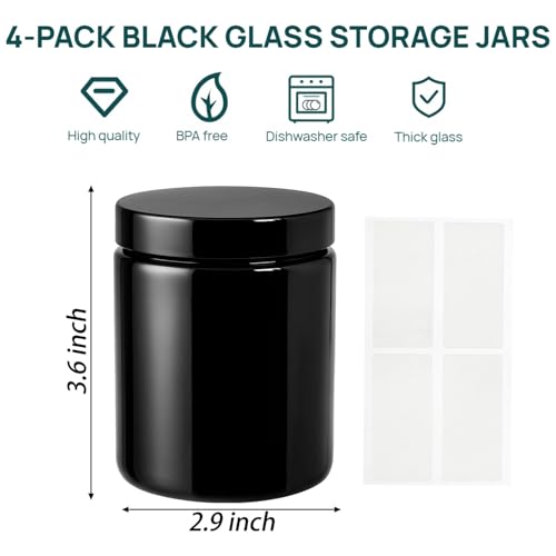 Black Glass Storage Jars Set of 4 - 8oz Airtight & UV-Protected Food & Herb Containers