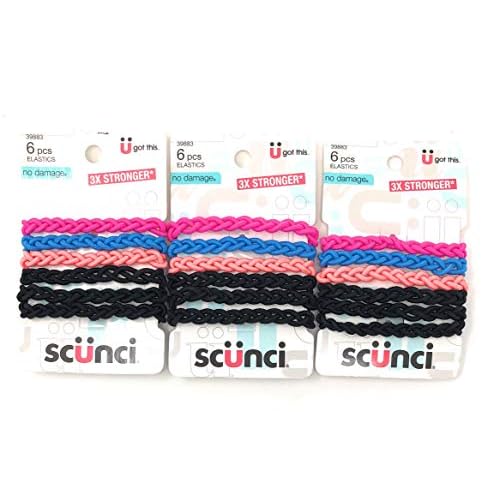 Scunci Everyday & Active Braided No Damage and Super Comfy Hair Elastics Bundle - Black and Multi-Colored, 3 Packs (18 Count)