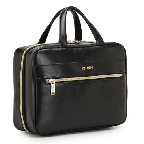 Large Waterproof Vegan Leather Hanging Toiletry Bag with Wet-Dry Compartments - Travel Organizer