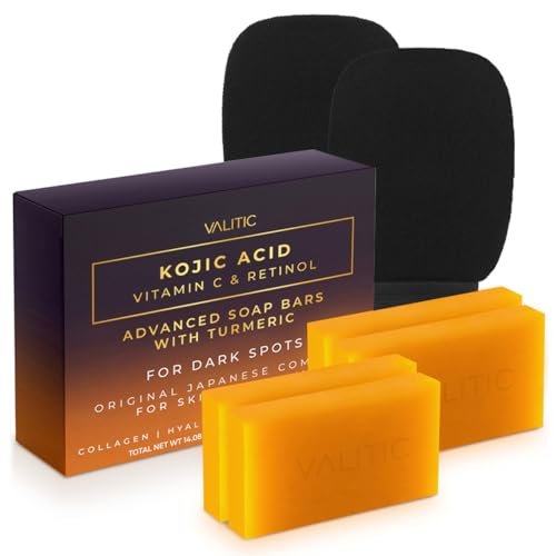 VALITIC Kojic Acid Vitamin C & Retinol Soap Bars 5.19 Ounce Pack of 4 with Exfoliating Gloves