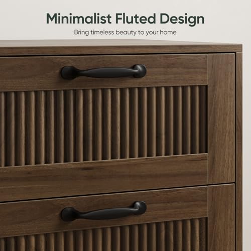 Walnut Fluted Nightstand with 2 Drawers - Mid-Century Modern Bedside Table