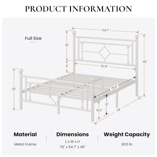 White Full Size Metal Platform Bed Frame with Headboard and Footboard - Noise-Free, Easy Assembly