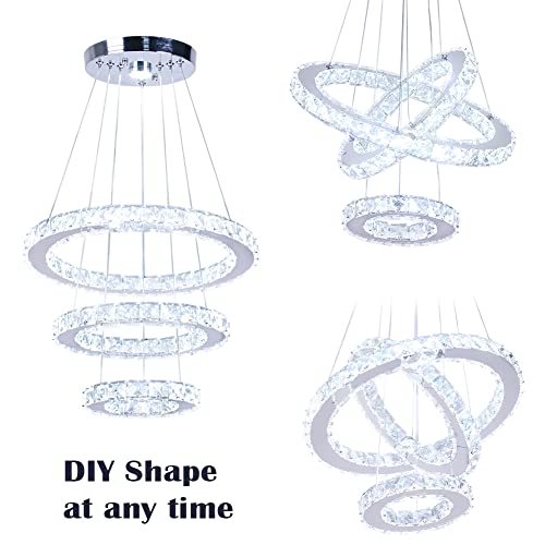 3-Ring LED Crystal Chandelier for Dining Room - Silver, Cool White, Adjustable Height