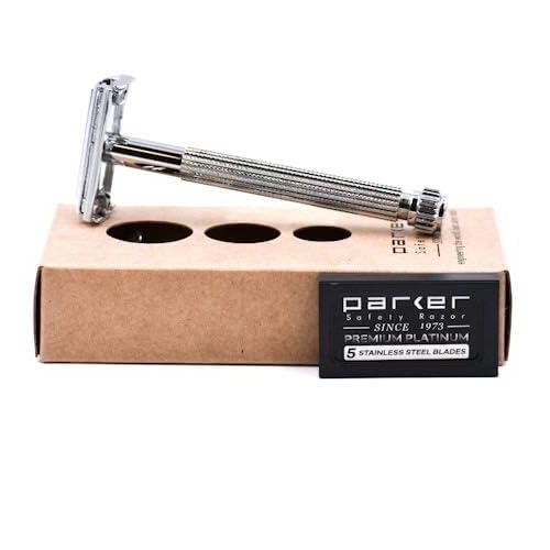 Parker 29L Chrome, Long Handle Butterfly Open Double Edge Safety Razor for Men & Women, 5 Parker Premium Platinum Double Edge Razor Blades Included