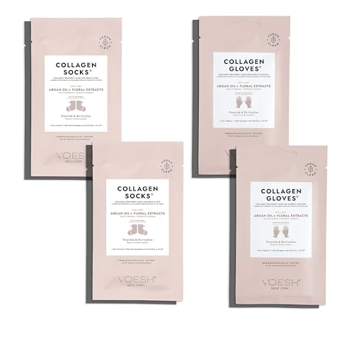 Voesh Collagen Gloves and Socks- Argan Oil, Collagen Infused, 4 Pack, 2 Pack of Gloves, 2 Pack of Socks, at Home Spa, Body Care, Nourishing, Hydrating Gloves and Socks