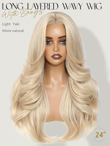 Blonde Layered Wavy Wig with Curtain Bangs - Synthetic Flawless 24 Inch - Mixed Blonde