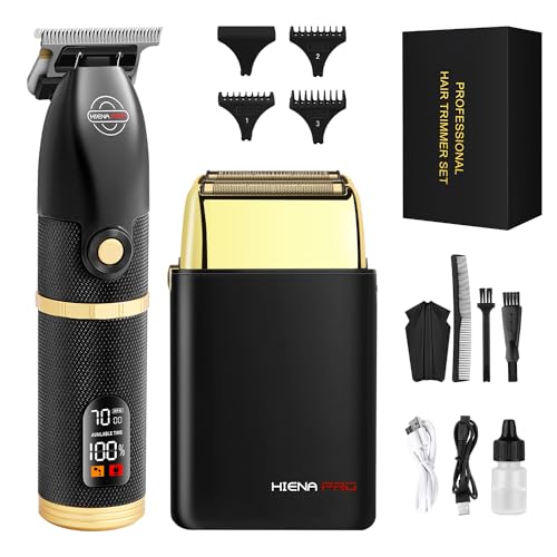 HIENA PRO Hair Trimmers and Foil Shaver for Men Kit,Men Professional Cordless Barbers Hair Clippers with LCD Display,Black Gold Zero Gapped Hair Trimmer, Double Foil Shaver
