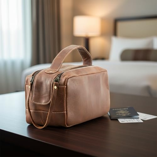 Handmade World Leather Toiletry Bag for Men - Genuine Full Grain Leather Dopp Kit ¡°Golden Oak¡± - Large Travel Shaving Kit Organizer Grooming Bag