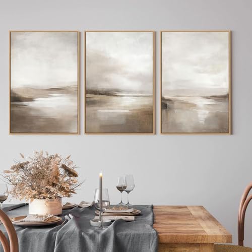 Neutral Abstract Landscape Wall Art Set - 3 Panels 16x24 Inches Framed
