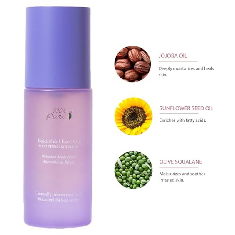 100% PURE Bakuchiol Serum Facial Oil Moisturizer + Squalane Plant Based Retinol Alternative Skincare - Daily Anti Aging Glow for Women & Men All Skin Types, Vegan - 1 Fl Oz