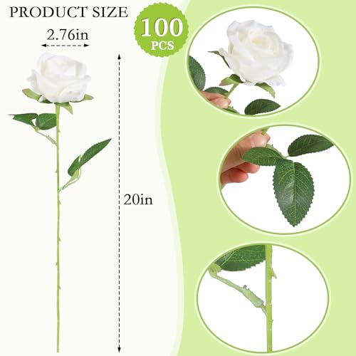 Hananona 100 White Artificial Roses - Realistic Silk Flowers Bulk, 20 Inch Stems