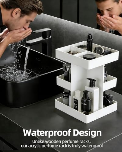 White 3-Tier Acrylic Cologne Organizer with Rotating Shelves for Men, Waterproof Perfume Stand