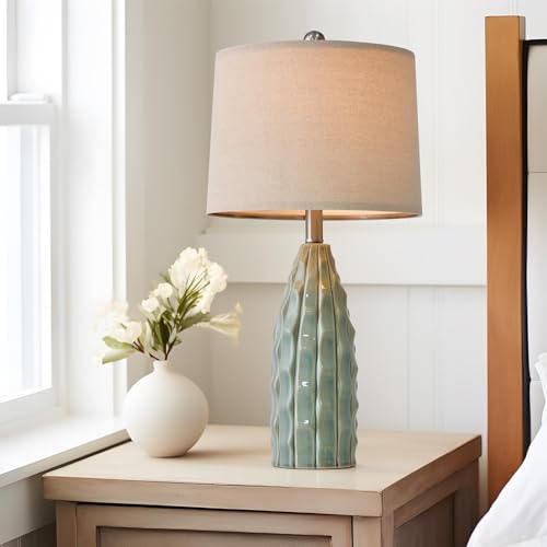 Ceramic Table Lamps Set of 2 - 23.75 Inch Modern Farmhouse Bedside Lamps - Green Nightstand and Desk Lighting - Variation B 23.75-Inch Green 2 Pack