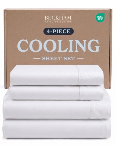 Queen Cooling Bed Sheet Set - White, 4-Piece for Hot Sleepers - Beckham Hotel Collection