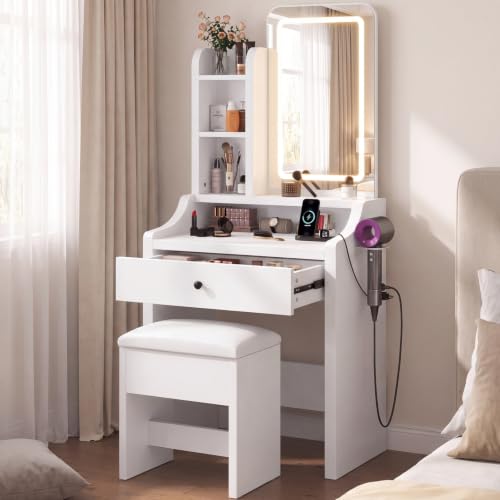 Small Vanity Desk with LED Lighted Makeup Mirror & Storage Bench