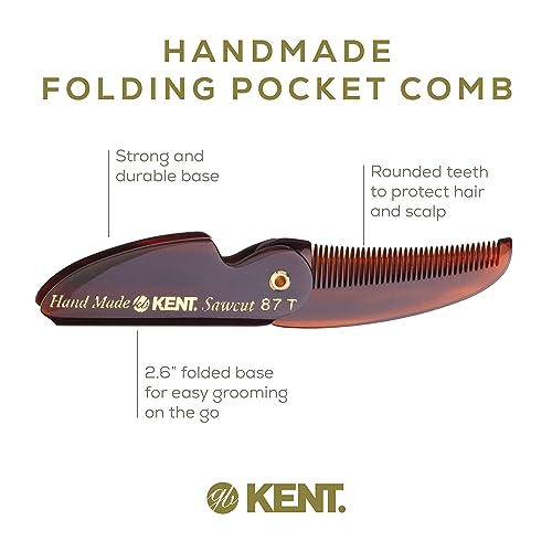 Kent 87T Tortoiseshell Folding Pocket Comb Pack of 3 - Fine Tooth Men’s Hair & Beard Grooming