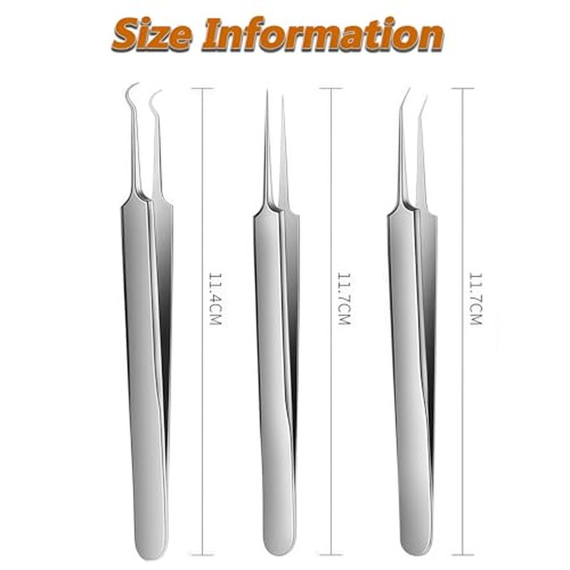 1Set(3PCS) Silver Professional Remove Blackheads Tweezers Set - Stainless Steel Straight/Slanted & Pointed Splinter/Bend Curved Blemish Extractor Tool for Acne Zit Cystic Blemish Whitehead Popping