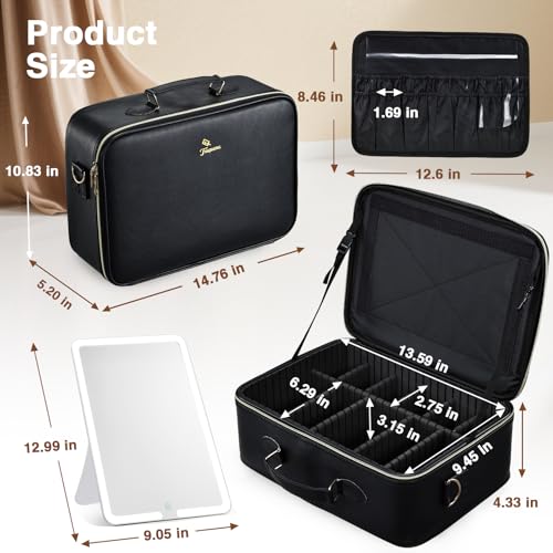 Large Makeup Bag with LED Mirror - Travel Cosmetic Train Case for Makeup Artists, Black