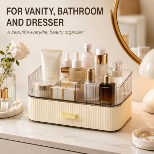 Decorcode Makeup Organizer with 1 Tray & Wide Drawer - Cream White Stackable Vanity Storage