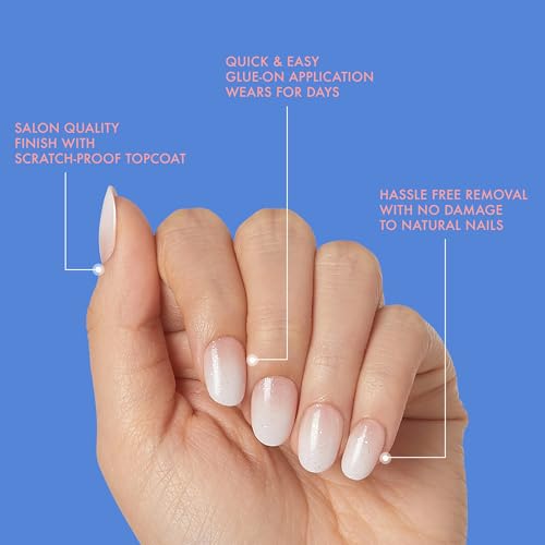 KISS Gel Fantasy, Press On Nails, Nail glue included, 'Diamonds 4 Me', Light Pink, Medium Size, Oval Shape, Includes 28 Nails, 2G Glue, 1 Manicure Stick, 1 Mini File