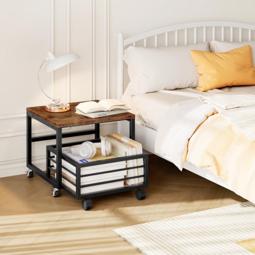 Rustic Brown HOOBRO End Table with Storage & Wheels, Adjustable Feet