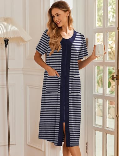 Women’s Short Sleeve Zipper Bathrobe with Pockets - Navy Blue X-Large