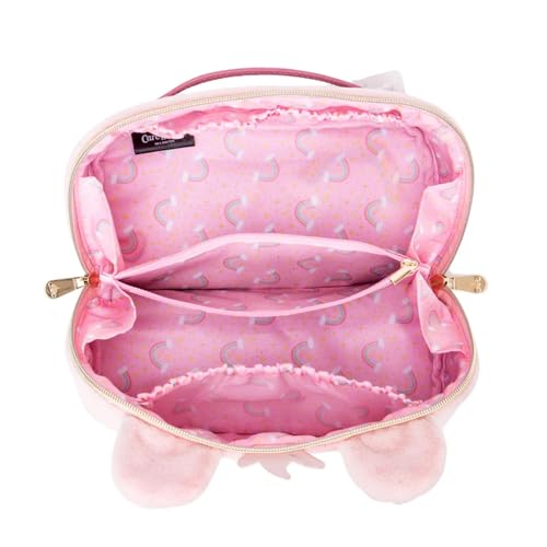 Impressions Vanity Care Bears Cheer Bear Unfold Travel Makeup Bag Organizer, Opens Flat Zippered Cosmetic Bag with Cozy Teddy Fur, Artwork Lined Interior, 3 Inner Pockets, and Top Handle in Rainbow