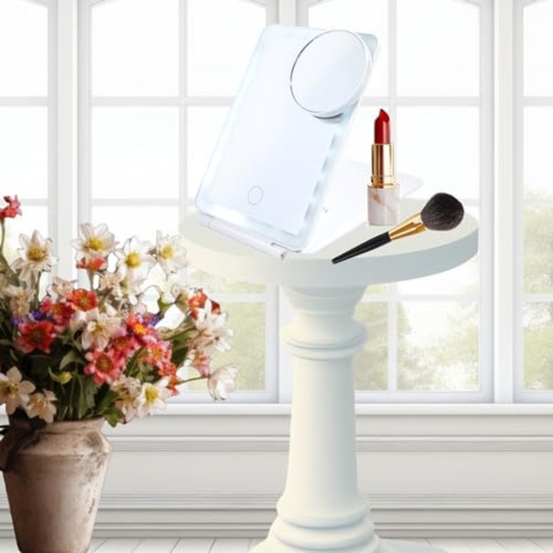 MaxMaze LED Compact Makeup Beauty Travel Mirror Rechargeable 5 X 7 1/2 Inch Foldable with Detachable 10X Magnification and 3 Color Lighted Touch Screen Ultra Thin for Travel Home Office