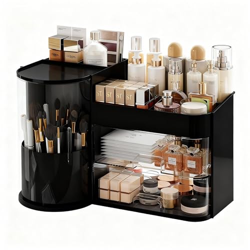 Makeup Organizer with Rotating,Large Bathroom Countertop Cosmetic Organizer with Brushes Holder,Skincare Storage Organizer,Ideal makeup holder for Skincare,Lipstick,etc (Light Luxury Black)