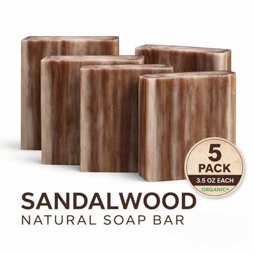SSA Sandalwood Scented Natural Bar Soap 5 Pack, Australian Triple Milled Moisturizing Bath Bars with Organic Shea Butter, Long Lasting Plant Based Body Soap for Men & Women, Gentle for Sensitive Skin
