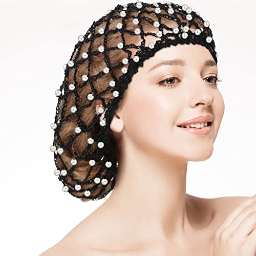 MTLEE 2 Pcs Black Mesh Crochet Pearl Hair Snood Rayon Knit Crocheted Sleeping Cap Net for Women Long Curly Hair