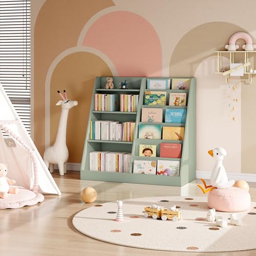 Tatub Upgraded 6-Tier Kids Wooden Bookshelf and Toy Storage with 4 Display Shelves, Sage Green