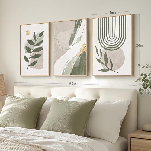 Large Framed Boho Sage Green Abstract Wall Art Set - 3 Pieces 16x24 Inches - Green Gold Variation