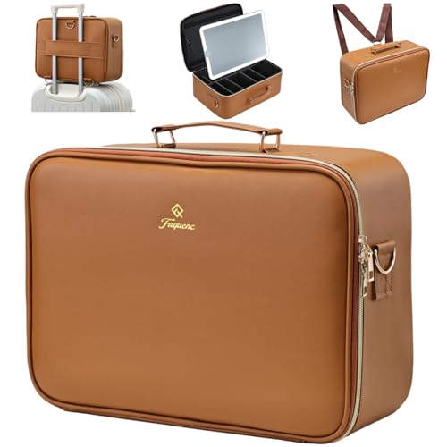 Faquenc Brown Large Makeup Train Case with LED Mirror, Travel Organizer