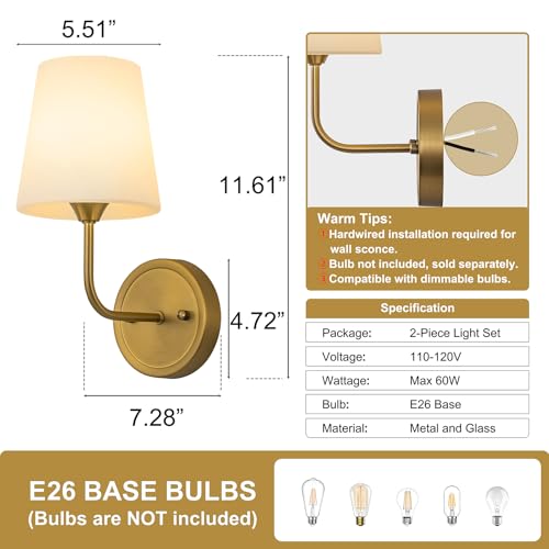 Set of 2 Brass Wall Sconces with Glass Shades - Mid Century Modern Hardwired Lighting
