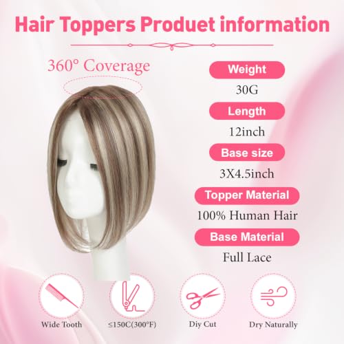 Human Hair Topper for Women 10 Inch Clip-In with No Bangs - Ombre Light Brown Dark Roots