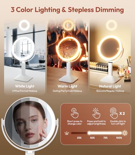 Lighted Makeup Mirror with Lights, 30X Magnification, Rechargeable Battery, Dimmable 3-Color Lights, Height Adjustable - White
