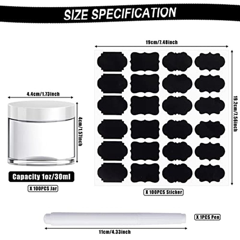 100 Set Plastic Jars Makeup Travel Makeup Container with Lids Small Storage Containers for Creams Toiletries Chalkboard Label Stickers Marker(1 oz,White)